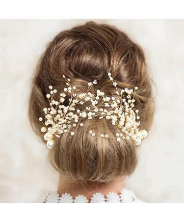 PRETTYLIFE Bridal Pearl Hair Clips 2pcs Wedding Gold Vine Hair Pieces Accessories for Brides Women Girls