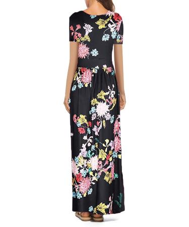 Summer Boho V-Neck Sunflower Maxi Dress - Black | Modedress Women's Short Sleeve Swing Dress - Buy Online on GoSupps.com