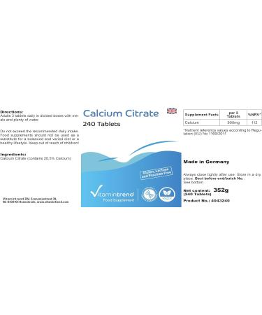 Calcium 900mg - Vegan Calcium Citrate Tablets - 240 Count | High Dose Supplement - Vitamintrend  - Buy Online on GoSupps.com