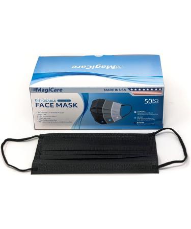 MagiCare Black Disposable Face Masks Made in USA - 50ct Box | Premium 3 Ply for Adults - Soft, Breathable & Comfortable - Buy Online on GoSupps.com