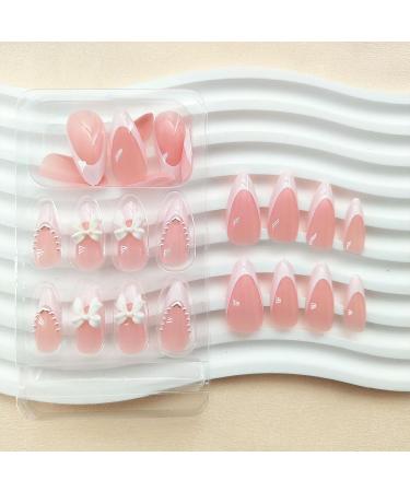 White French Tip Press on Nails - Almond Medium Glue-on Acrylic Nails with Pearls & Bow Designs | 24pcs Glossy False Nails for Women & Girls - Buy Online on GoSupps.com