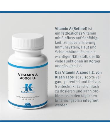 Klean Labs Vitamin A 4000 I.E. - 100 Vegan Capsules | Non-GMO Gluten-Free No Additives | Supports Healthy Eyesight & Mucous Membranes - Buy Online on GoSupps.com