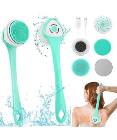 Electric Shower Body Brush  5 in 1 Back Brush Long Handle for Shower Brush  Used for Body Cleaning Exfoliating Massage  Body Scrubber with 5 Rotating Brush Heads (Green-1)