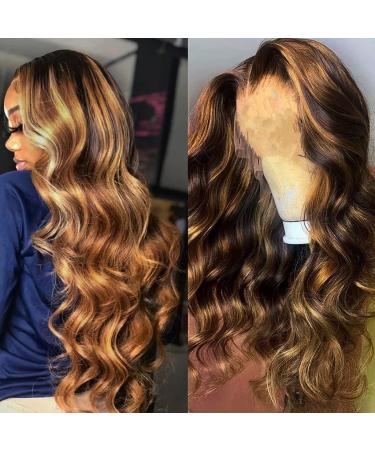 Glueless 4/27 Highlight Wig Brazilian Body wave Human Hair Wig Ombre Brown 13x6x1 Lace Front Wig 150% Density for Black Women Honey Blonde Virgin Human Hair Wigs (16 Inch) 16 Inch Highlight Wig-Body Wave