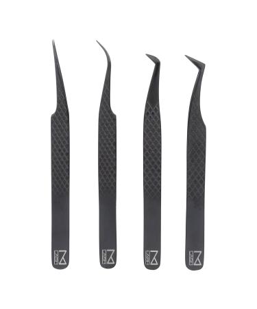 M LASH Set Of 4 Diamond Grip Eyelash Extensions Tweezers V2 - Japanese Steel Lash Supply (Black)