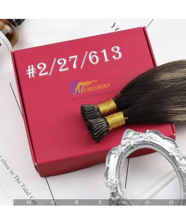 Moresoo Real Hair Extensions - 40cm Keratin Bonding I-Tip Extensions in Platinum Blonde Dark Brown & Caramel Blonde - #2/27/613 50 Strands 40g 0.8g Each - Buy Online on GoSupps.com