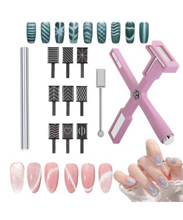12Pcs Set of Nail Magnets Tools Kit for Cat Eye Nail Art 5 in 1 Cat Eye Magnet for 3D Magnetic Gel Nail Polish 9Pcs Stripe Magnet Plates Magnet Pen for Nail Salon or DIY(Pink)