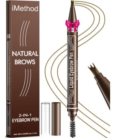 iMethod Microblading Eyebrow Pen - Eyebrow Pencil 2-in-1 Dual-Ended Eye Brow Pencils for Women with 3-Fork-Tip and Spoolie Brush Create Natural Hair-Like Defined Brows Last All-Day Light Brown 01 Light Brown