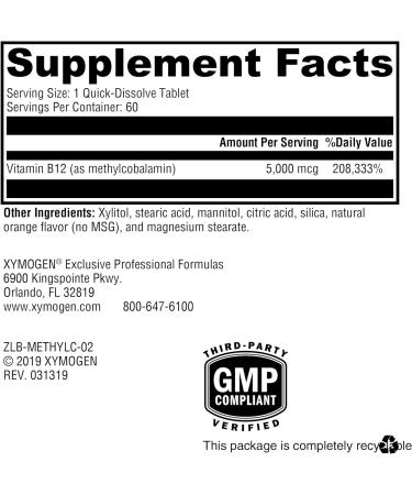 XYMOGEN Methylcobalamin 5000 mcg Vitamin B12 Supplement - 60 Pleasant-Tasting Tablets - Supports Methylation, Neurological Health, Immune System - Buy Online on GoSupps.com