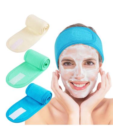 Whaline Spa Facial Headband Make Up Wrap Head Terry Cloth Headband Adjustable Towel for Face Washing Shower Facial Cover 3 Pieces (Blue Green Yellow)