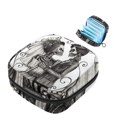 Menstruation pad bag with zipper women's napkin bag tampons collection bags for women and girls (art marriage dead head day of the dead) Color 1