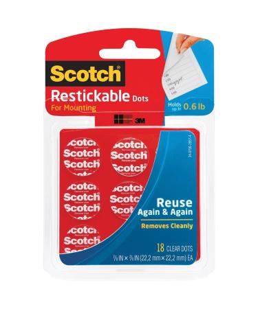 Scotch Mounting Fastening & Surface Protection Restickable Dots 7/8-inch x 7/8-inch Clear 18-Dots (R105) 7/8 Dots 18 Count