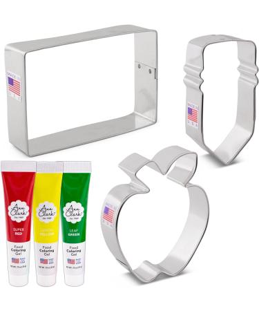 Back to School Cookie Cutters and Decorating 6-Pc. Set Made in USA by Ann Clark Chalkboard Pencil Apple Red Yellow and Leaf Green Food Coloring Gel - Buy Online on GoSupps.com
