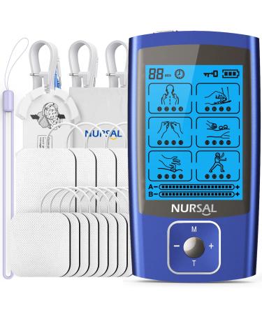 NURSAL TENS EMS Unit Muscle Stimulator for Pain Relief Therapy, Electric 24 Modes Dual Channel TENS Machine Pulse Massager with 12 Pcs Electrode Pads/Continuous Stable Mode/Memory Function Blue