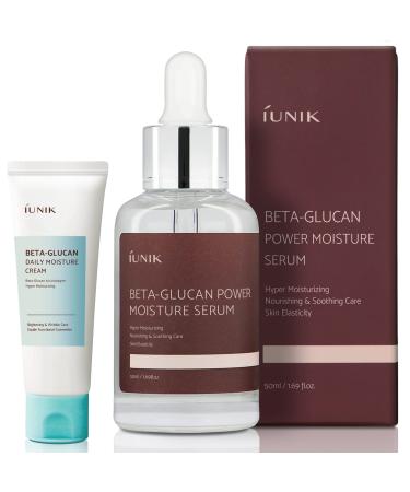IUNIK Beta-Glucan Power Deep Moisture Vegan Serum 400 000 ppm Intense Hydration Mushroom Yeast Extracts Naturally-derived - Dry Mature Sagging Sensitive Skin Cell Regenerating Lifting Korean Skincare w/ Facial Cream Mini