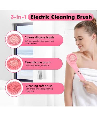 SUUWEE Electric Silicone Body Brush Set with 3 Heads | USB Rechargeable Shower Scrubber for Deep Cleaning | Long Handle for Women Men | Pink - Buy Online on GoSupps.com