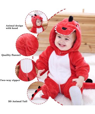 Doladola Unisex Baby Hooded Romper Jumpsuit | Red Dinosaur | 0-3 Months - Buy Online on GoSupps.com