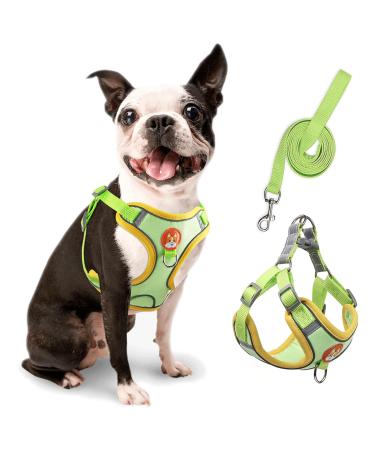 Rennaio dog harness no pull adjustable puppy dishes with 2 linen clips ultra comfortable chest harness and leash set for small and medium-sized dogs (green m) green M