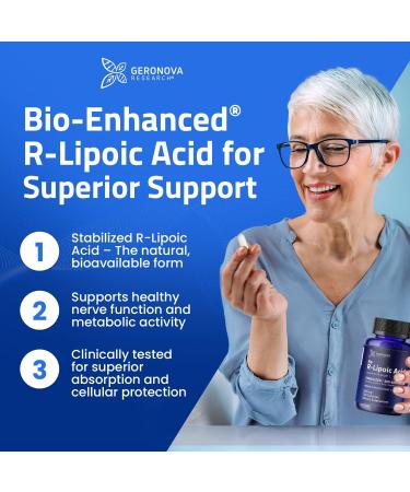 Geronova Research Bio-Enhanced R-Lipoic Acid, 600 mg Dose - 2 Month Supply - Stabilized R Alpha Lipoic Acid with Enhanced Absorption - R Lipoic Acid Supplement - 120 Capsules - Buy Online on GoSupps.com