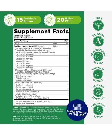 Probulin Total Care Probiotic Supplement Daily Gut Digestive and Immune Health Probiotics Capsules for Men and Women 20 Billion CFU Vegan 30 Count Bottle - Buy Online on GoSupps.com