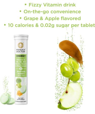 Manuka Doctor Energy Drink Supplement - Daily Energy Boost with Manuka Honey Vitamins & Minerals | Grape & Apple Flavor - 20 Effervescent Tablets - Buy Online on GoSupps.com