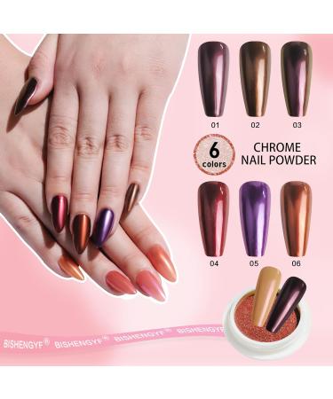 Mirror Chrome Nail Powder Set - 6 Metallic Rose Gold Shades with Sponge Sticks for Nail Art - 1g/Jar G-Orange - Buy Online on GoSupps.com