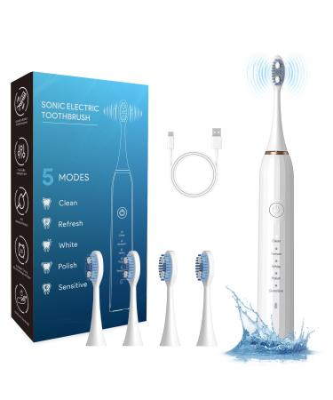 Sonic Electric Toothbrush for Adults - Rechargeable Smart Automatic Power Toothbrushes with 4 Heads 5 Modes Soft Dupont Bristles IPX7 Waterproof (White)