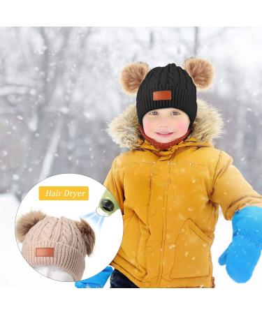 Kids Winter Pom Pom Hat Set - 3 Piece Knitted Ski Beanie Cap for Boys & Girls 1-3 Years Old - Black, Khaki, Pink - Buy Online on GoSupps.com