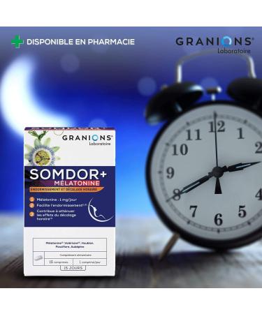 GRANIONS MELATONIN SOMDOR+ ADULT SLEEP - SLEEPING AND HOURLY OFFSET - Sleep and Relaxation - Melatonin 1mg - Valerian Hops Hawthorn Passionflower - 15 Tablets - Made in France - Buy Online on GoSupps.com