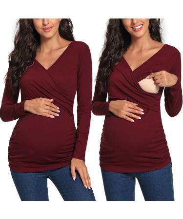 Love2Mi Maternity Nursing Shirt Short Sleeve V-Neck Breastfeeding T-Shirt Pregnancy S Weinred