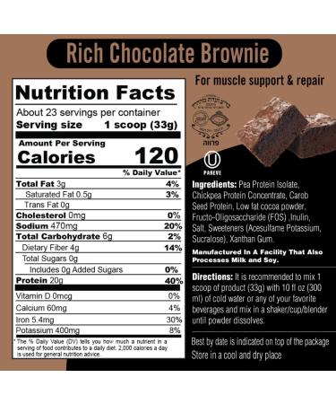 Trio Rich Chocolate Brownie Plant Protein Powder - Gluten Free Vegan 20g Protein 2.4g BCAA Kosher - 1.65lb - Buy Online on GoSupps.com