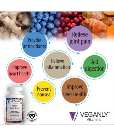 VEGANLY Vitamins Vegan Super 4-in-1 Antioxidants & Anti-inflammation Supplement 90 veggie capsules. Joint pain relief Easy digestion Liver health & Prevent nausea. Multi health benefits in a holistic approach to well-being. (NPN80085494) - Buy Online on GoSupps.com