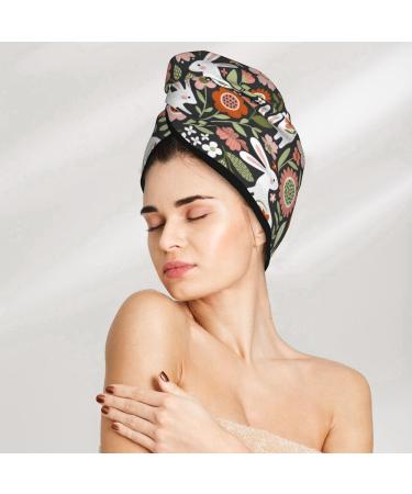 Hair Towel Wrap - Quick Drying Towel Turban with Button - Rabbits on Floral Design - Buy Online on GoSupps.com