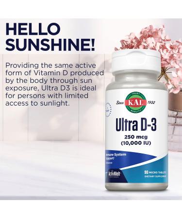 KAL Ultra Vitamin D3 250 mcg (10000 IU) High Potency Vitamin D Calcium Absorption Bone Health and Immune Support Supplement Instant Dissolve Unflavored ActivMelt 90 Servings 90 Micro Tablets - Buy Online on GoSupps.com
