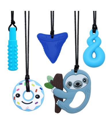 Sensory Chew Necklace for Kids Boys Girls Silicone Chew Toys for Kids with ADHD Autism Anxiety Chewy Necklace Sensory Reduce Adults Children Chewing Fidgeting 5 Pack Blue