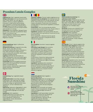 Florida Sunshine Lutein Complex Supplement 60 Capsules (205mg) | Eye Health Support | Antioxidant Protection | High Potency Lutein & Zeaxanthin | Vision Support - Buy Online on GoSupps.com