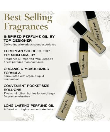 Simply Set Inspired by Bloom Si J'Adore Libre & Black Opium Long Lasting Travel Size Fragrance Oil Roll On Perfume w/Liquid Coconut oil European Sourced 10 ml (Pack of 5) 1 Count (Pack of 5) Simply BestSeller Set - Buy Online on GoSupps.com