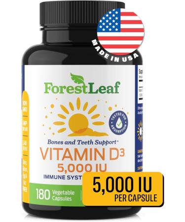 ForestLeaf Vitamin D3 5000 IU Supplement - 180 Vegetable Capsules for Bone, Teeth, and Immune Support - Buy Online on GoSupps.com