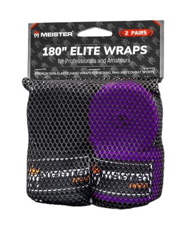 Meister Elite Premium Adult Hand Wraps 180" for MMA and Boxing 2 Pairs with Mesh Bag Black & Royal Purple