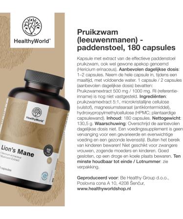 Be Healthy Group doo Monkey Head Mushroom 180 Capsules 500 mg extract in a ratio of 51 Hericium Erinaceus Brain Food Vegetable Capsules 3 month supply - Buy Online on GoSupps.com