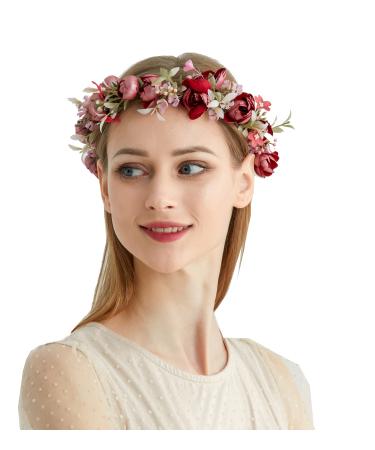 Love Sweety Bridal Rose Flower Crown Wreath Floral Headband for Wedding (A-Burgundy)