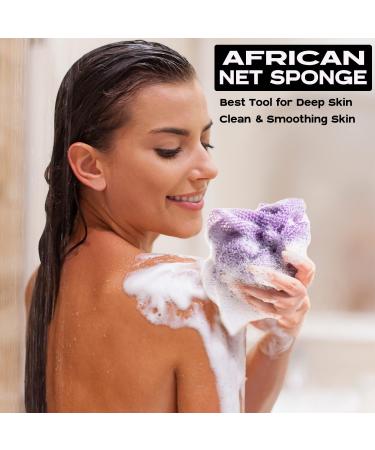 African Net Sponge Bath Sponge 3 PCS - 31.5 Inch Exfoliating Body Scrubber Set for Shower - Pink Yellow Purple - Buy Online on GoSupps.com