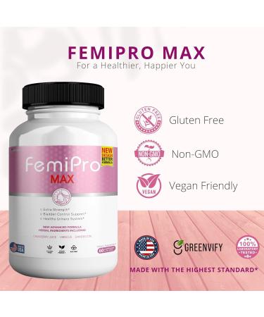FemiPro MAX Women's Urinary Support Supplement 60 Capsules Extra Strength Bladder Control with Cranberry Hibiscus Dandelion Vegan Gluten Free (1) - Buy Online on GoSupps.com