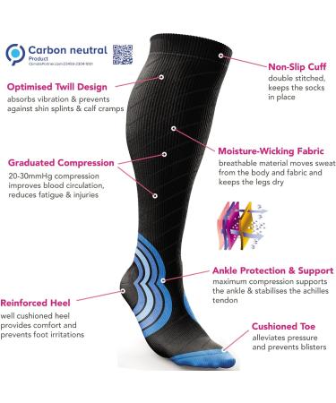 Zengear Compression Socks 20-30mmHg | Anti DVT Air Travel Stockings | Swollen Legs Relief | Varicose Veins Support | Shin Splints Relief | Calf Pressure | Sports S/M Black w/Blue - Buy Online on GoSupps.com