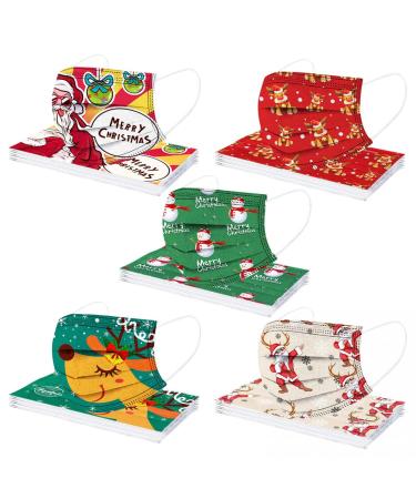 Celendi 50PC Christmas Disposable_Face_Masks for Adults 3 Ply Breathable Holiday_Masks with Designs Party Favor Paper_Masks