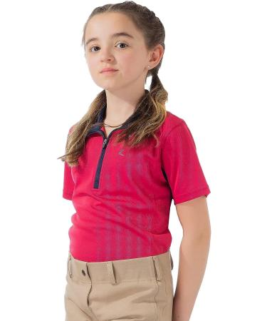 Horze Kids' Short Sleeved Equestrian Sun Shirt - Pink/Peacoat Dark Blue - XL (EU 158-164) | Moisture-Wicking, UV Protection, Mesh Under-Sleeves - Buy Online on GoSupps.com