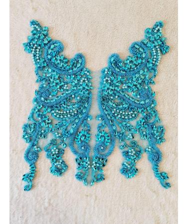 Handmade Light Blue Rhinestone Lace Bodice Applique Trim for Clothing - Sew On Beads Sequins Patch - Buy Online on GoSupps.com