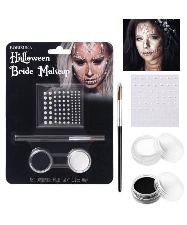 BOBISUKA Black White Face Paint Bride Makeup Kit Halloween Makeup Kit Includes Black & White Face Paint Brush Costume Accessories Crystal Sheet for Halloween Party Costume Skeleton SFX Makeup