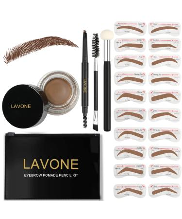 Eyebrow Stamp Stencil Kit for Eyebrows, Brow Stamp Trio Kit with Waterproof Eyebrow Pencil, Eyebrow Pomade, 20 Eyebrow Stencils, Dual-ended Eyebrow Brush and Sponge Applicator - Soft Brown