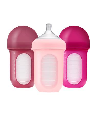 Boon Nursh Stage 2 Medium Flow Reusable Silicone Baby Bottles with Collapsible Silicone Pouch Design - Everyday Baby Essentials - Pink - 8 Ounce - 3 Count Stage 2 Medium Flow 8 Oz Pink